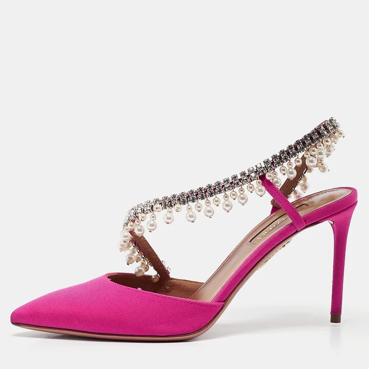 Aquazzura Pink Fabric Crystal Embellished Slingback Pumps Size 36