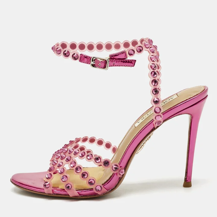 Aquazzura Pink PVC Love Struck Embellished Ankle Strap Sandals Size 39
