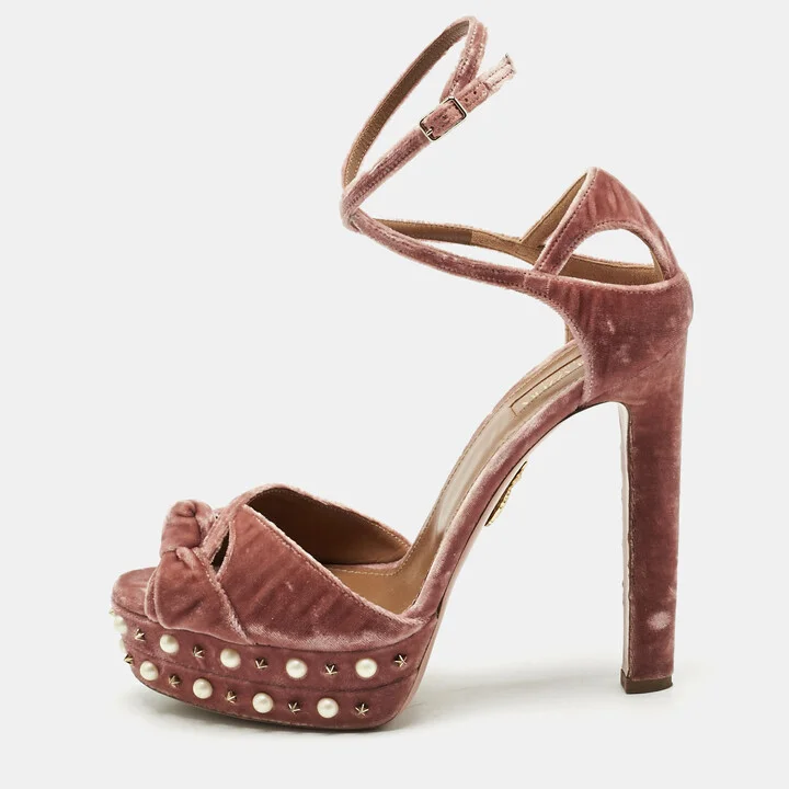 Aquazzura Pink Velvet Mira Embellished Platform Ankle Strap Sandals Size 41