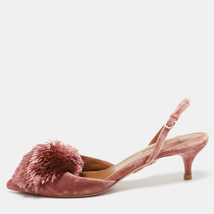 Aquazzura Pink Velvet Powder Puff Slingback Pumps Size 36.5