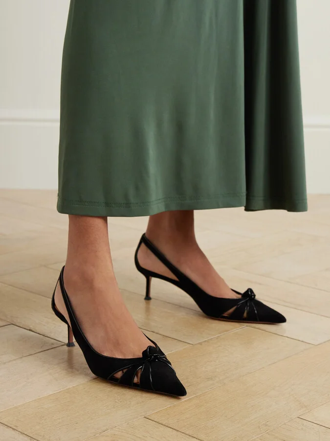 Aquazzura - Premiere 50 Cutout Knotted Suede And Patent-leather Pumps - Black - Image 2