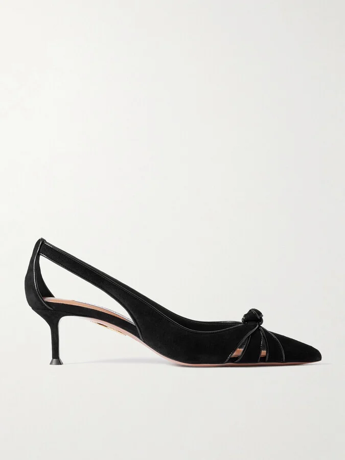 Aquazzura - Premiere 50 Cutout Knotted Suede And Patent-leather Pumps - Black