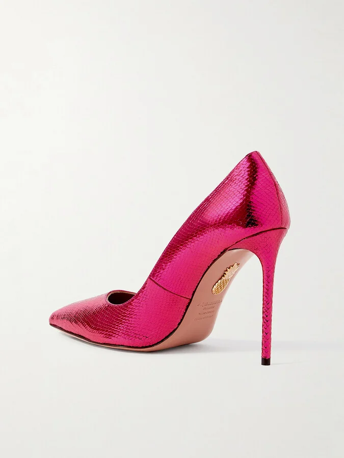 Aquazzura - Purist 105 Metallic Snake-effect Leather Pumps - Pink - Image 3