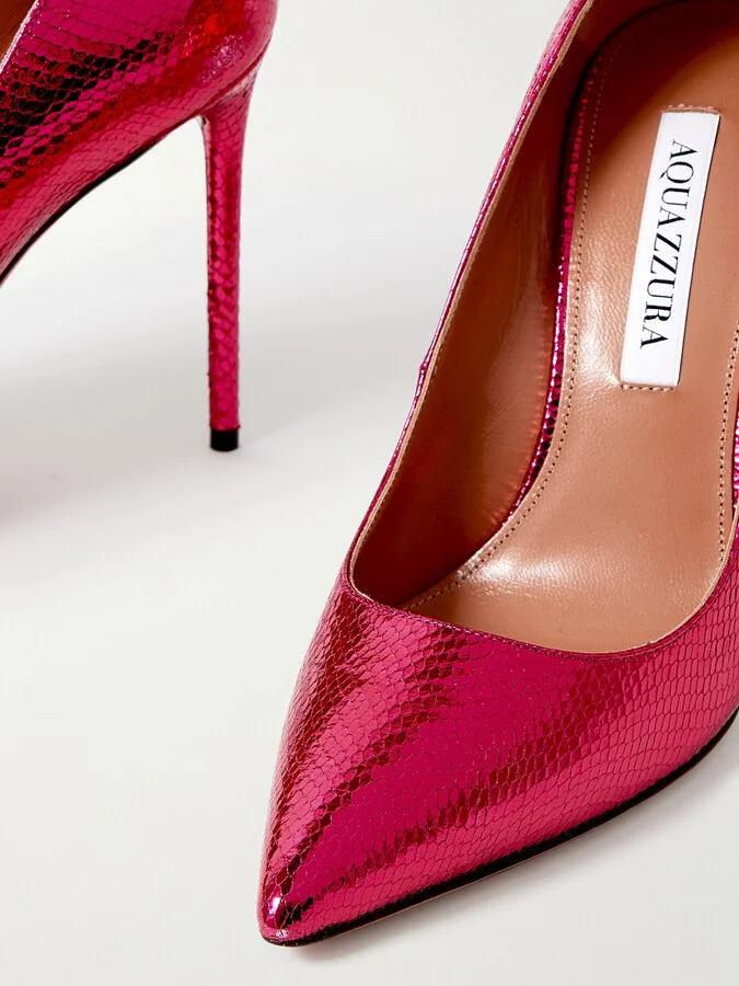 Aquazzura - Purist 105 Metallic Snake-effect Leather Pumps - Pink - Image 4