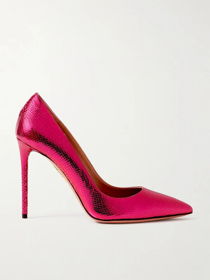 Aquazzura - Purist 105 Metallic Snake-effect Leather Pumps - Pink