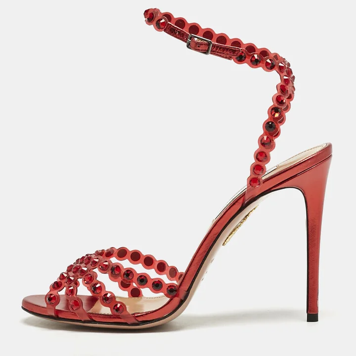 Aquazzura Red PVC Crystal Embellished Tequila Sandals Size 39.5