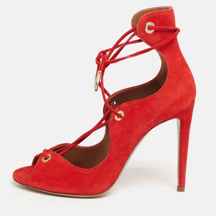 Aquazzura Red Suede Tango Curvy Lace-Up Sandals Size 37