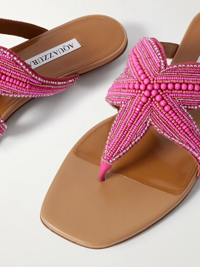 Aquazzura - Reef Star Bead-embellished Leather Sandals - Pink - Image 4
