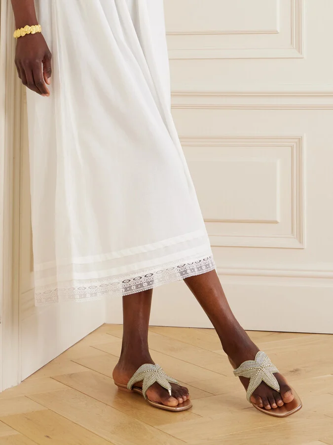 Aquazzura - Reef Star Bead-embellished Metallic Leather Sandals - Neutrals - Image 2