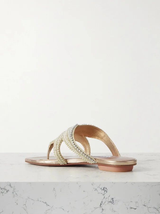 Aquazzura - Reef Star Bead-embellished Metallic Leather Sandals - Neutrals - Image 3