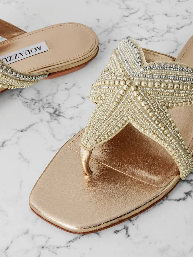 Aquazzura - Reef Star Bead-embellished Metallic Leather Sandals - Neutrals - Image 4