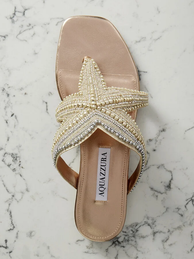 Aquazzura - Reef Star Bead-embellished Metallic Leather Sandals - Neutrals - Image 5