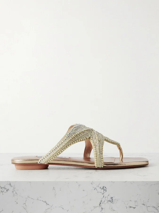 Aquazzura - Reef Star Bead-embellished Metallic Leather Sandals - Neutrals
