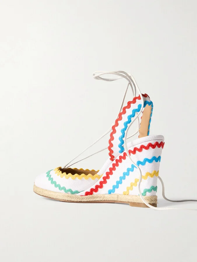 Aquazzura - Ric Rac 85 Leather-trimmed Raffia Wedge Espadrilles - White - Image 3