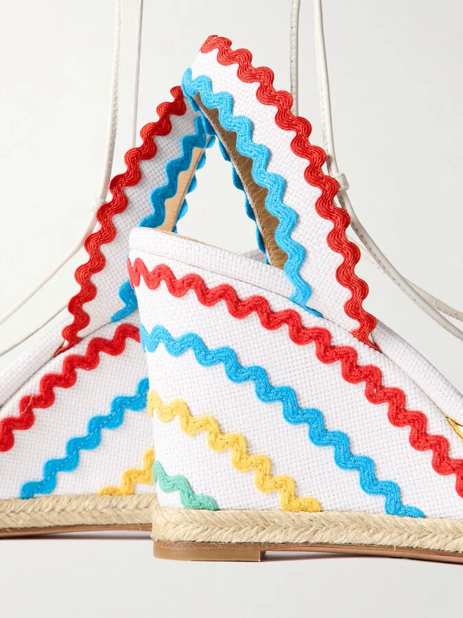 Aquazzura - Ric Rac 85 Leather-trimmed Raffia Wedge Espadrilles - White - Image 4