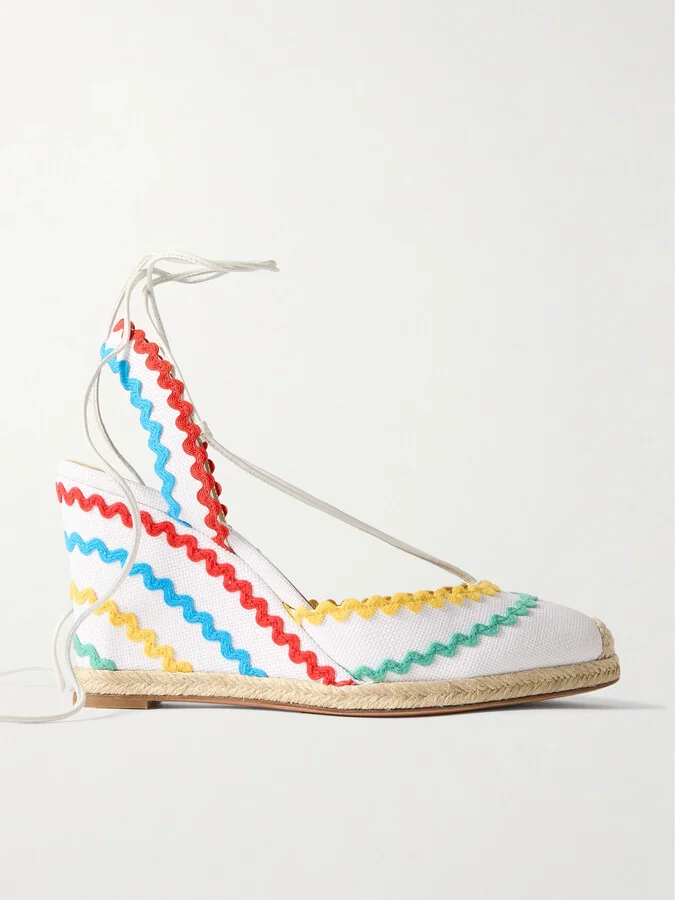 Aquazzura - Ric Rac 85 Leather-trimmed Raffia Wedge Espadrilles - White