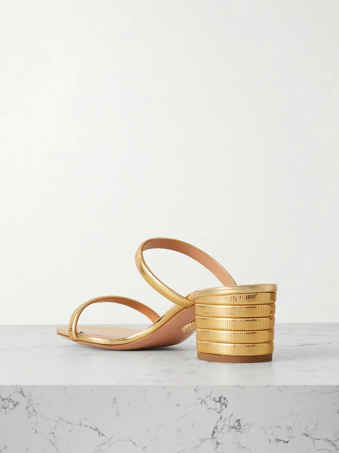 Aquazzura - Riviera Chain 50 Textured Mirrored-leather Mules - Gold - Image 3