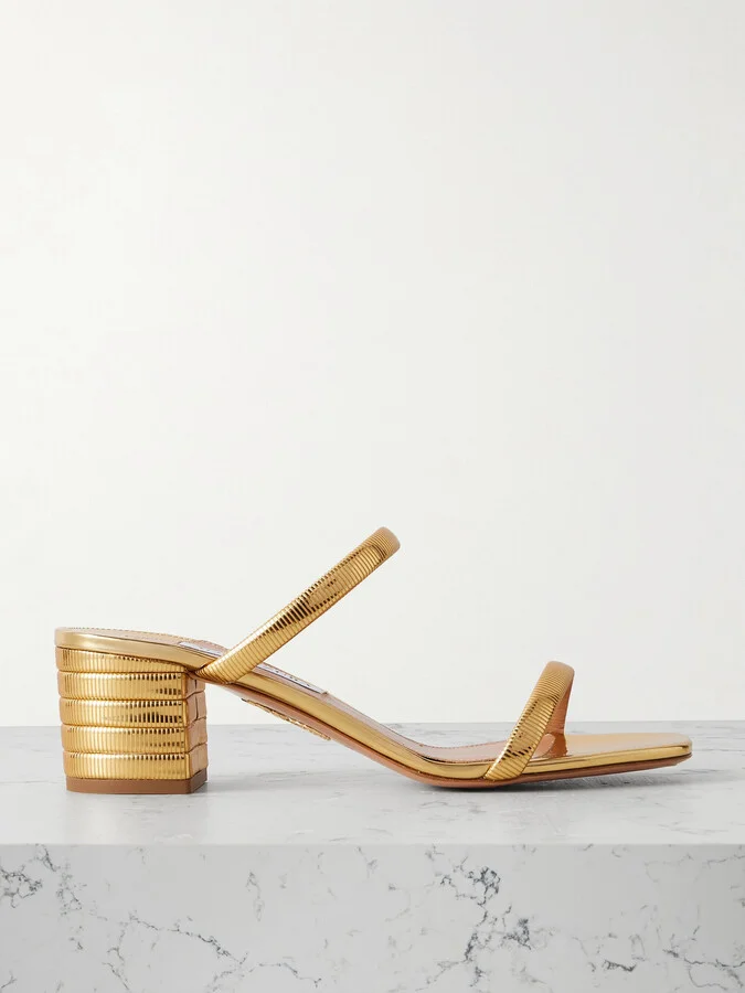 Aquazzura - Riviera Chain 50 Textured Mirrored-leather Mules - Gold