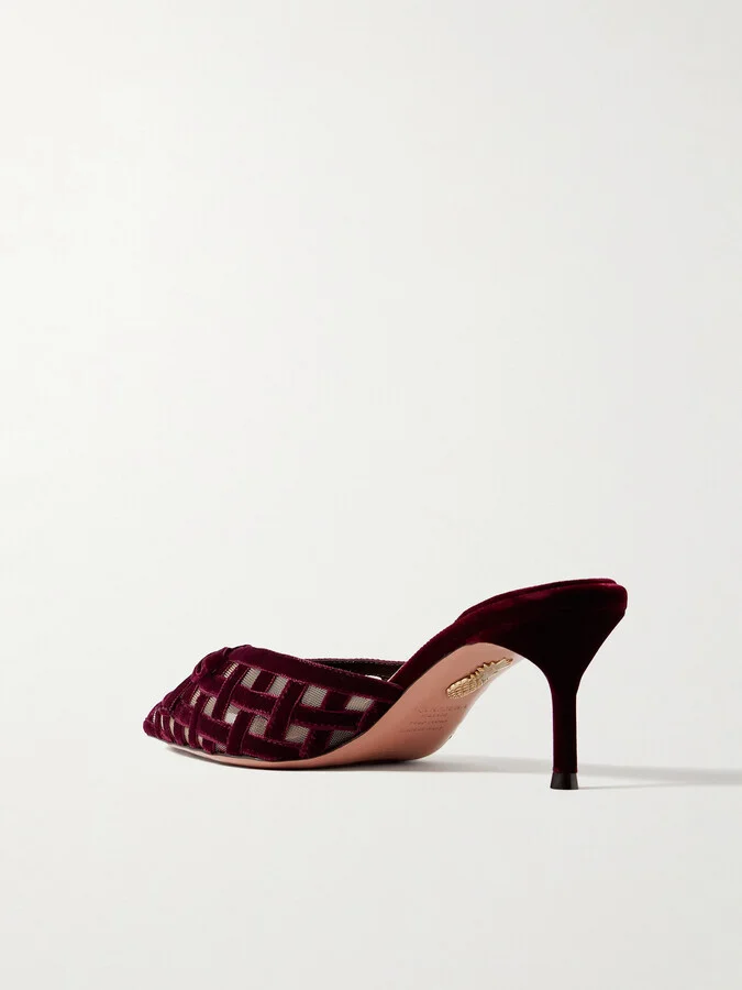 Aquazzura - Romance 65 Bow-embellished Velvet And Mesh Pointed-toe Pumps - Burgundy - Image 3