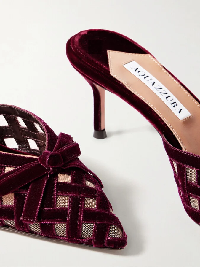Aquazzura - Romance 65 Bow-embellished Velvet And Mesh Pointed-toe Pumps - Burgundy - Image 4