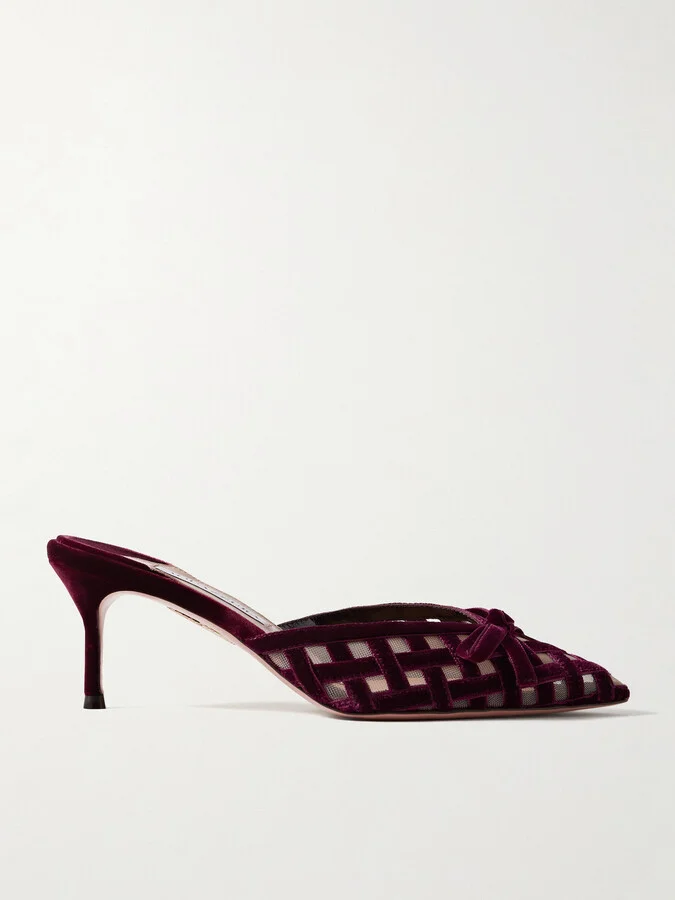 Aquazzura - Romance 65 Bow-embellished Velvet And Mesh Pointed-toe Pumps - Burgundy