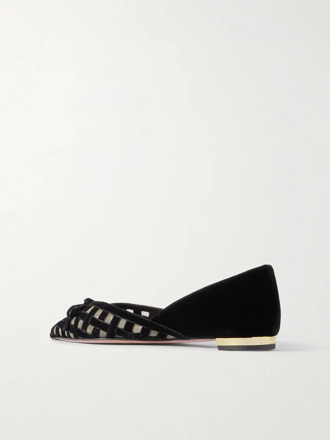 Aquazzura - Romance Bow-embellished Mesh-trimmed Velvet Pointed-toe Ballet Flats - Black - Image 3