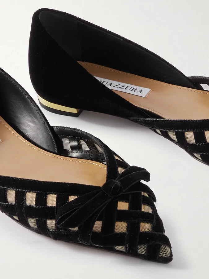 Aquazzura - Romance Bow-embellished Mesh-trimmed Velvet Pointed-toe Ballet Flats - Black - Image 4
