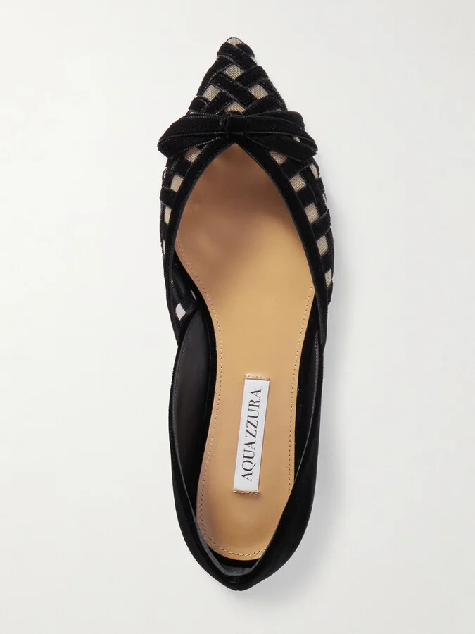 Aquazzura - Romance Bow-embellished Mesh-trimmed Velvet Pointed-toe Ballet Flats - Black - Image 5
