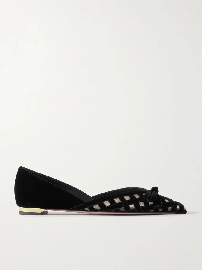 Aquazzura - Romance Bow-embellished Mesh-trimmed Velvet Pointed-toe Ballet Flats - Black