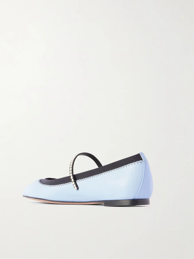 Aquazzura - Romy Embellished Grosgrain-trimmed Leather Ballet Flats - Blue - Image 3