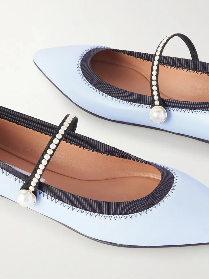 Aquazzura - Romy Embellished Grosgrain-trimmed Leather Ballet Flats - Blue - Image 4