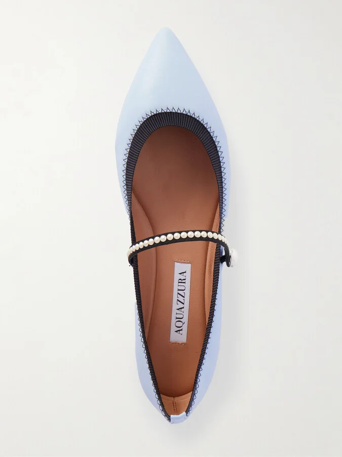 Aquazzura - Romy Embellished Grosgrain-trimmed Leather Ballet Flats - Blue - Image 5
