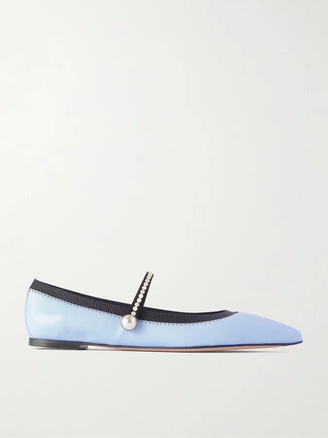 Aquazzura - Romy Embellished Grosgrain-trimmed Leather Ballet Flats - Blue