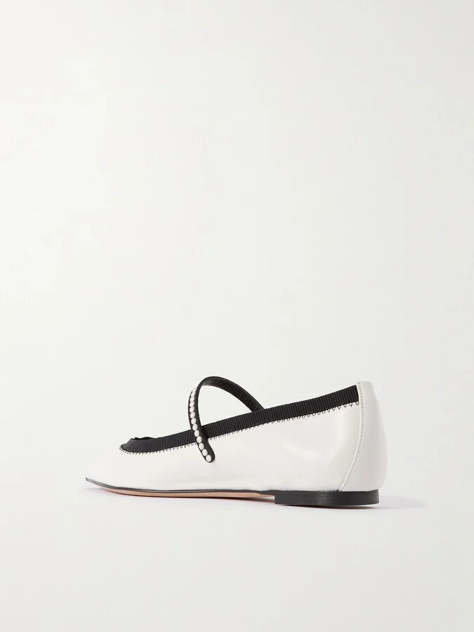 Aquazzura - Romy Embellished Grosgrain-trimmed Leather Ballet Flats - White - Image 3