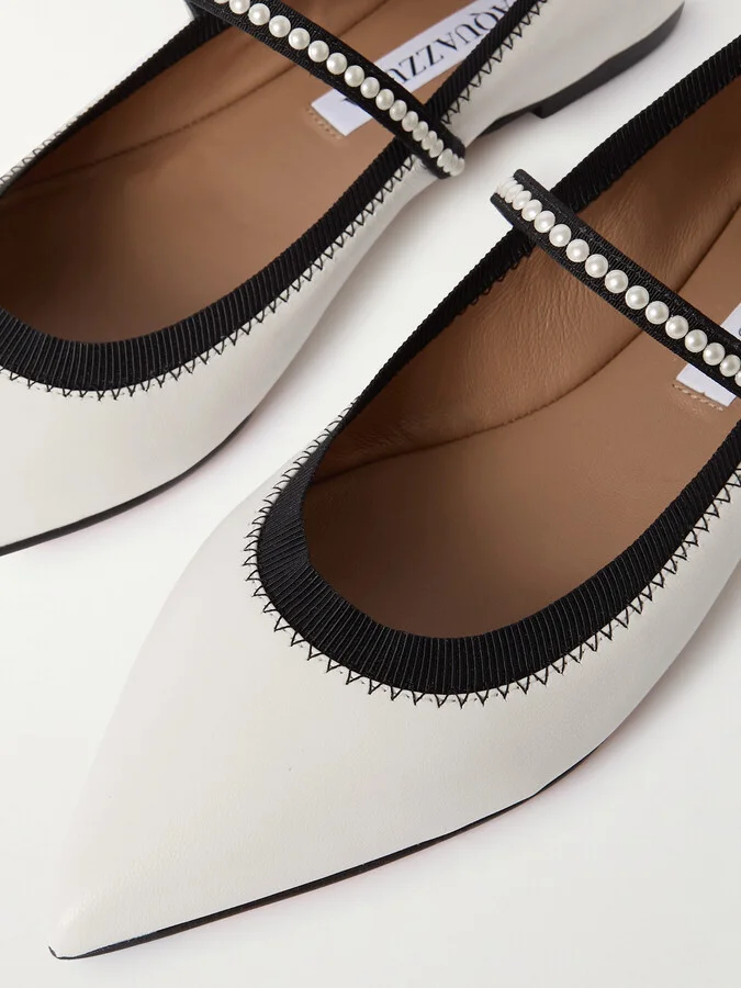 Aquazzura - Romy Embellished Grosgrain-trimmed Leather Ballet Flats - White - Image 4