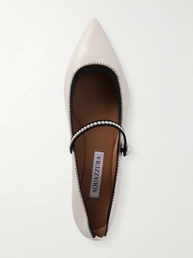 Aquazzura - Romy Embellished Grosgrain-trimmed Leather Ballet Flats - White - Image 5