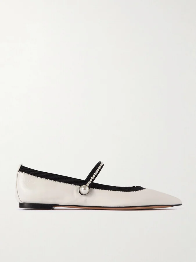 Aquazzura - Romy Embellished Grosgrain-trimmed Leather Ballet Flats - White