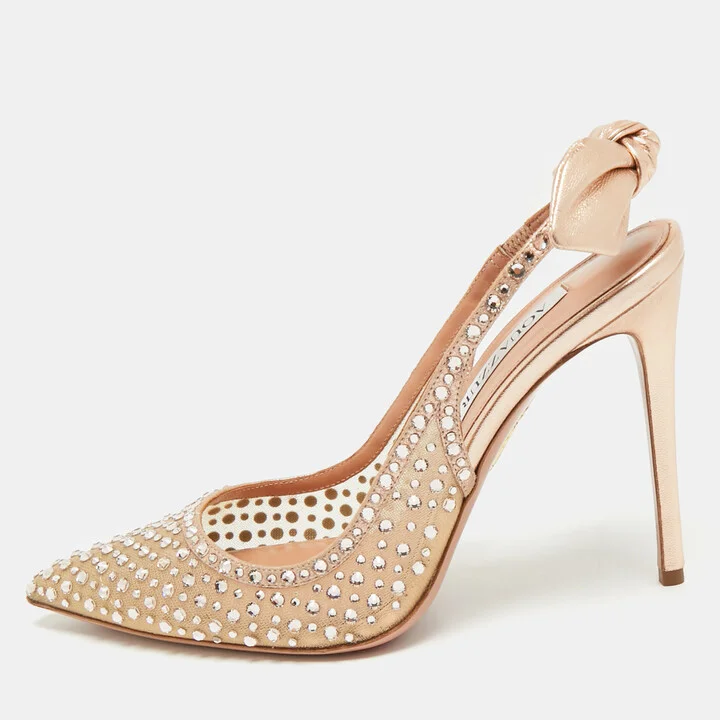 Aquazzura Rose Gold Leather and Mesh Bow Tie Slingback Pumps Size 37