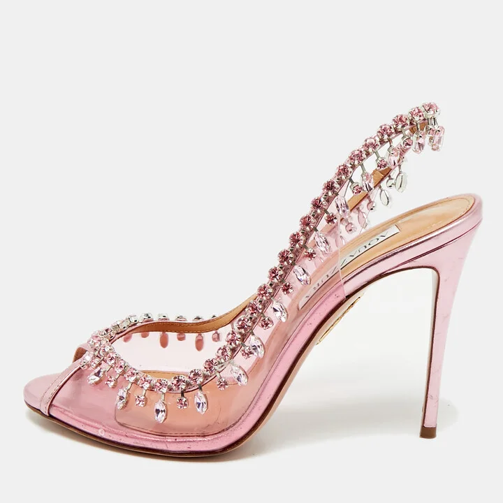 Aquazzura Rose Pink Leather and PVC Temptation Slingback Pumps Size 38