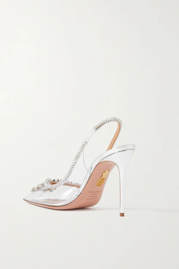 Aquazzura - Seduction 105 Crystal-embellished Metallic Leather And Pvc Slingback Pumps - Silver - Image 3