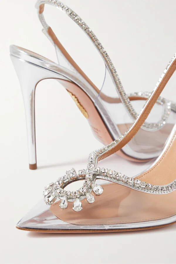 Aquazzura - Seduction 105 Crystal-embellished Metallic Leather And Pvc Slingback Pumps - Silver - Image 4