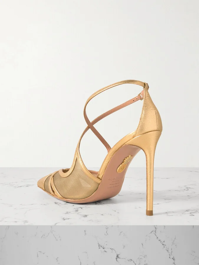 Aquazzura - Shear 105mm Metallic Leather-trimmed Mesh Pumps - Gold - Image 3