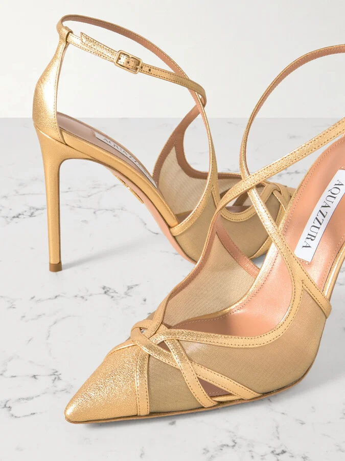 Aquazzura - Shear 105mm Metallic Leather-trimmed Mesh Pumps - Gold - Image 4