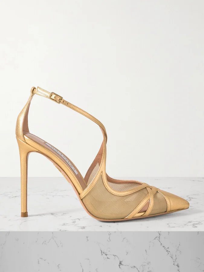 Aquazzura - Shear 105mm Metallic Leather-trimmed Mesh Pumps - Gold