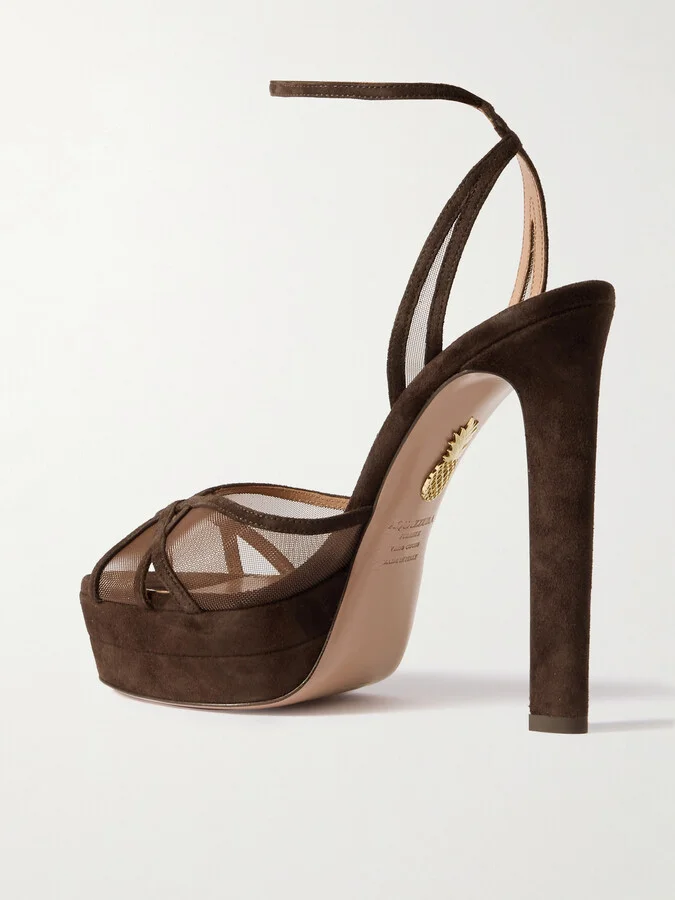 Aquazzura - Shear Plateau 130 Suede-trimmed Mesh Platform Sandals - Brown - Image 3