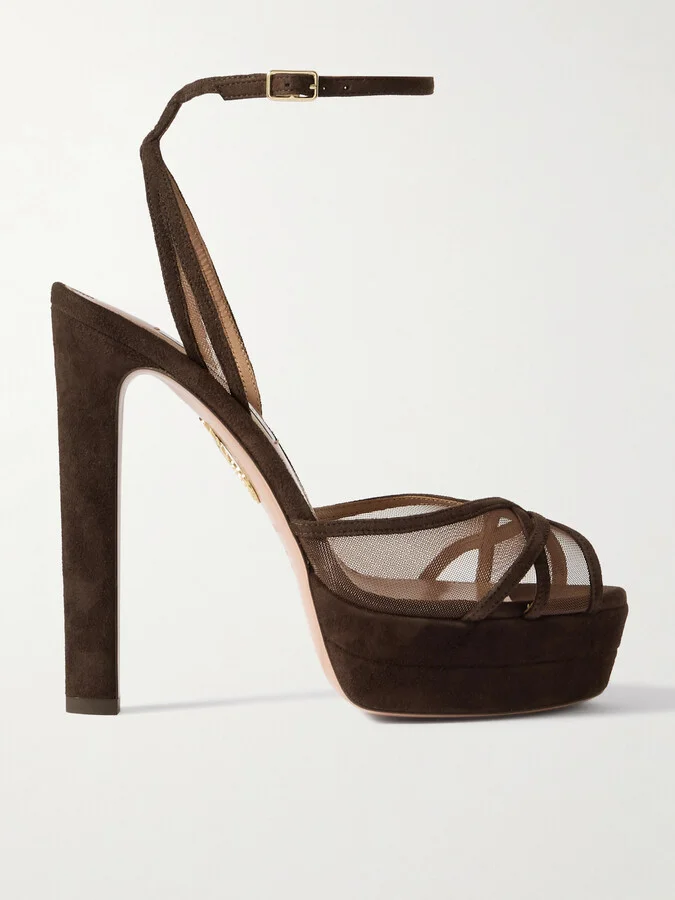 Aquazzura - Shear Plateau 130 Suede-trimmed Mesh Platform Sandals - Brown