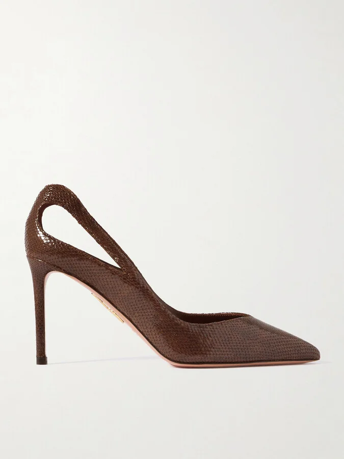 Aquazzura - Sheeva 85 Cutout Snake-effect Leather Pumps - Brown