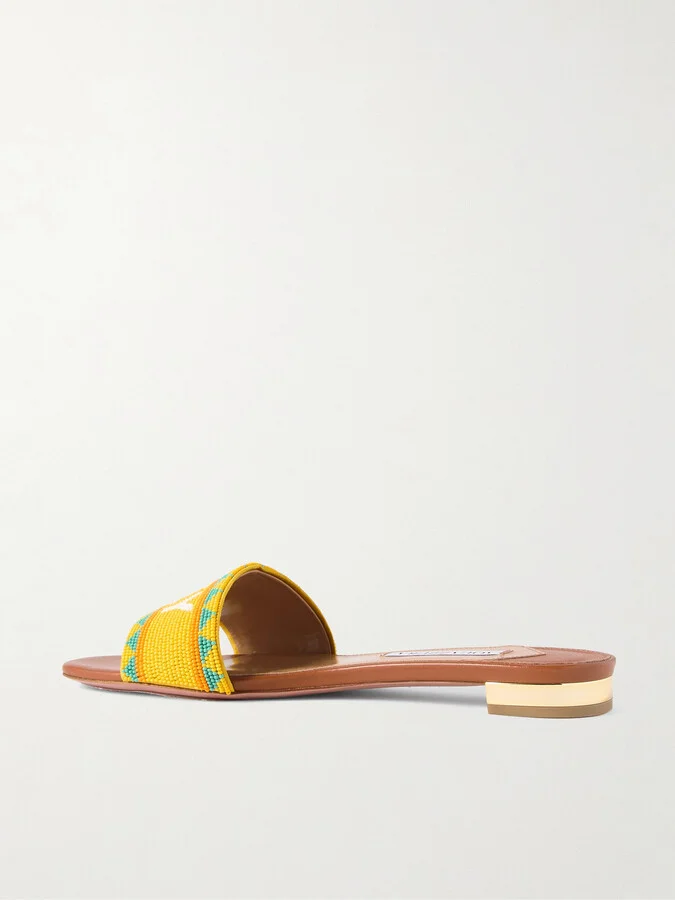 Aquazzura - Sicily Beaded Leather Slides - Brown - Image 3