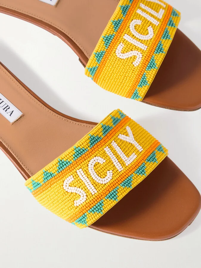 Aquazzura - Sicily Beaded Leather Slides - Brown - Image 4