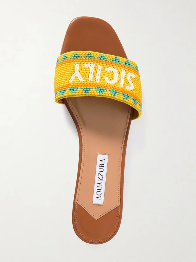 Aquazzura - Sicily Beaded Leather Slides - Brown - Image 5